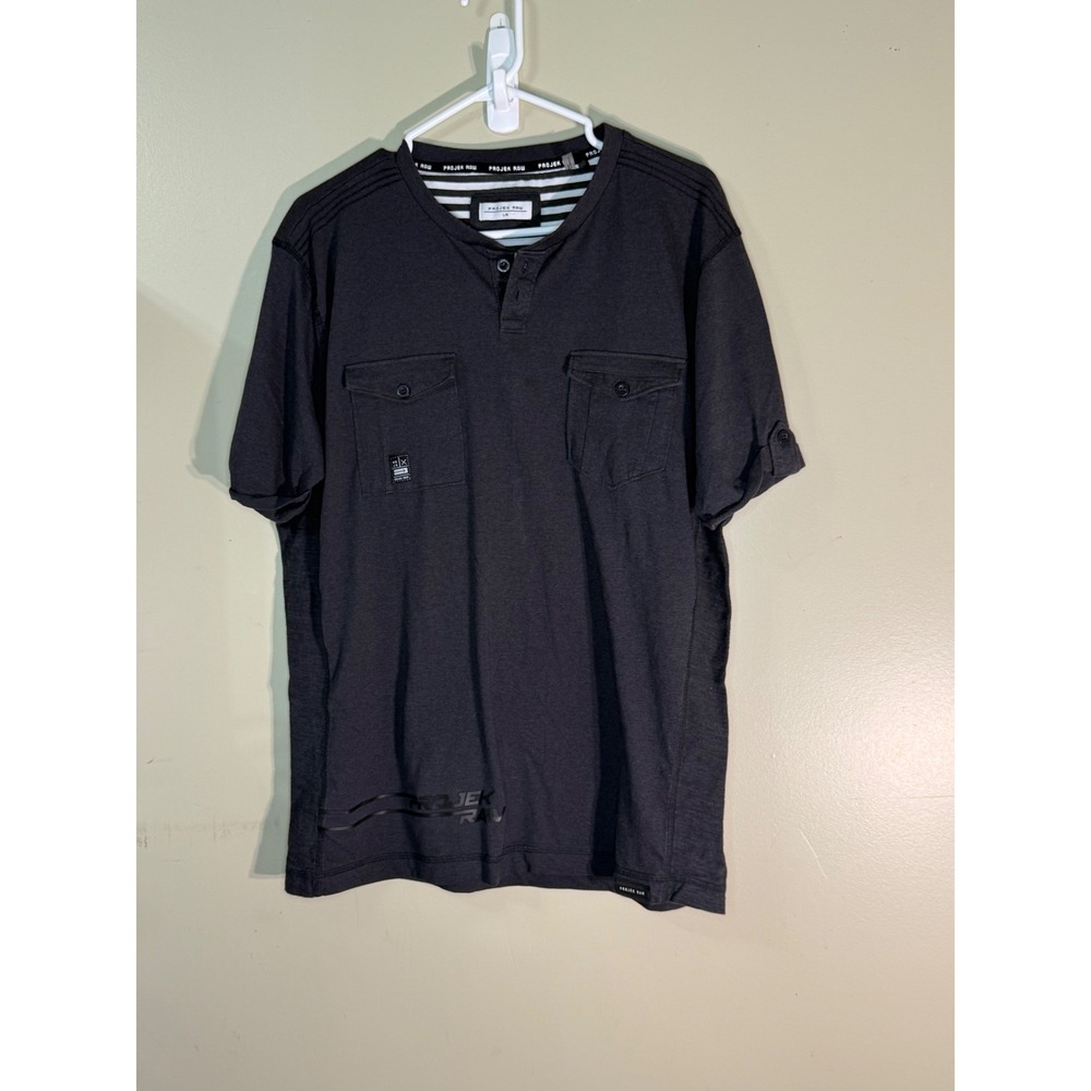 Projek Raw Mens Short Sleeve Henley Shirt Gray Dual Pocket Large